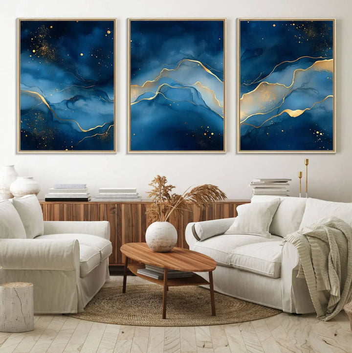 The gallery-quality Abstract Blue and Gold Canvas Wall Art hangs prominently on the wall.