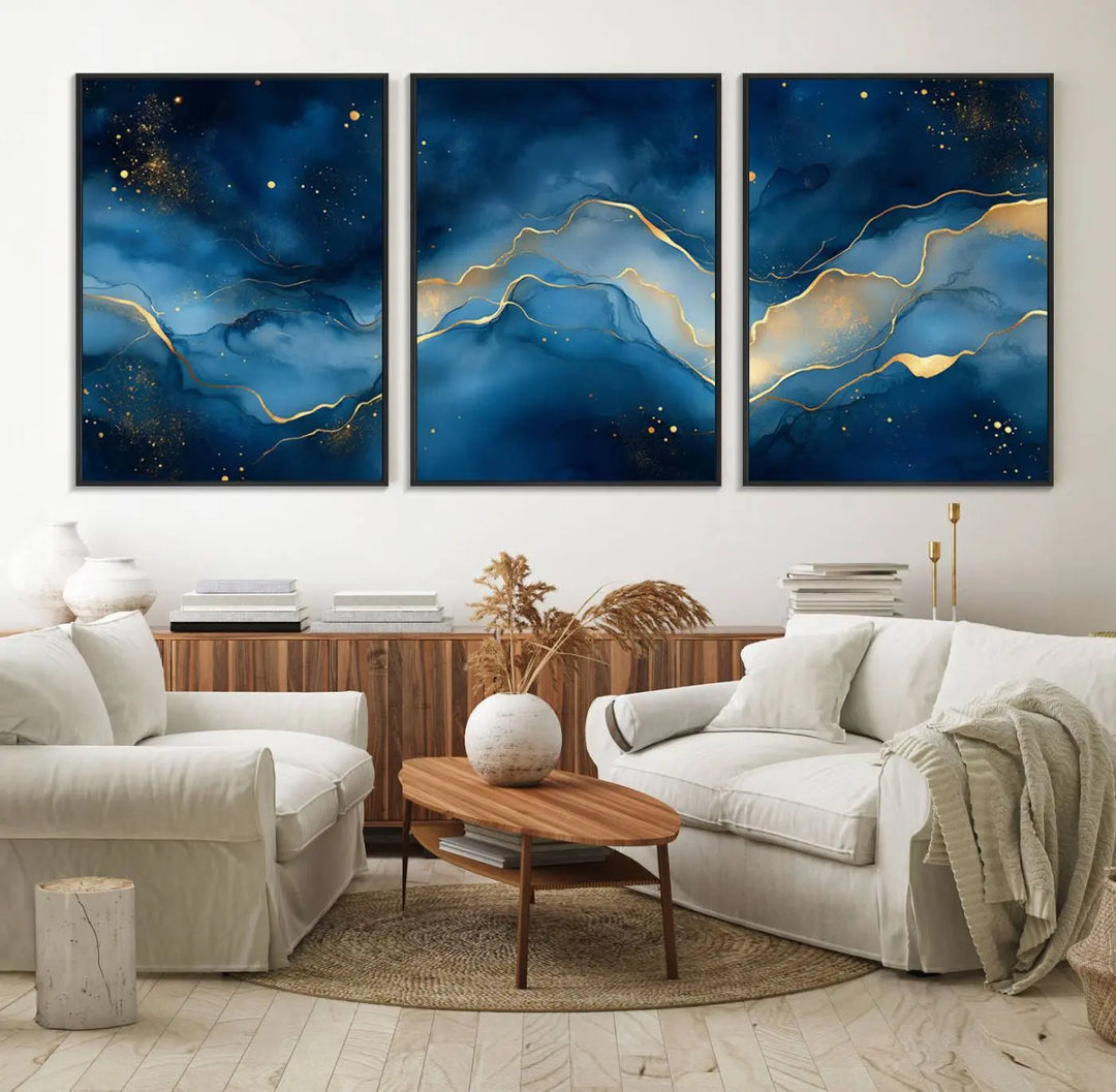 The gallery-quality Abstract Blue and Gold Canvas Wall Art hangs prominently on the wall.