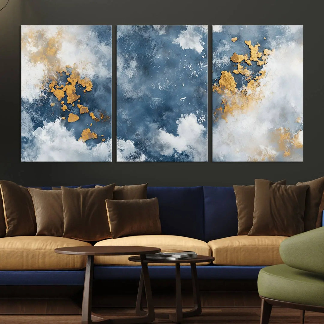 Abstract Blue and Gold Cloud Canvas Wall Art Print - Framed Modern Painting - Elegant Minimalist Artwork for Home or Office Decor