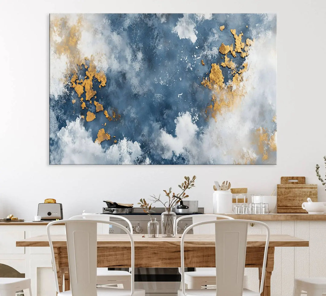 Abstract Blue and Gold Cloud Canvas Wall Art Print - Framed Modern Painting - Elegant Minimalist Artwork for Home or Office Decor