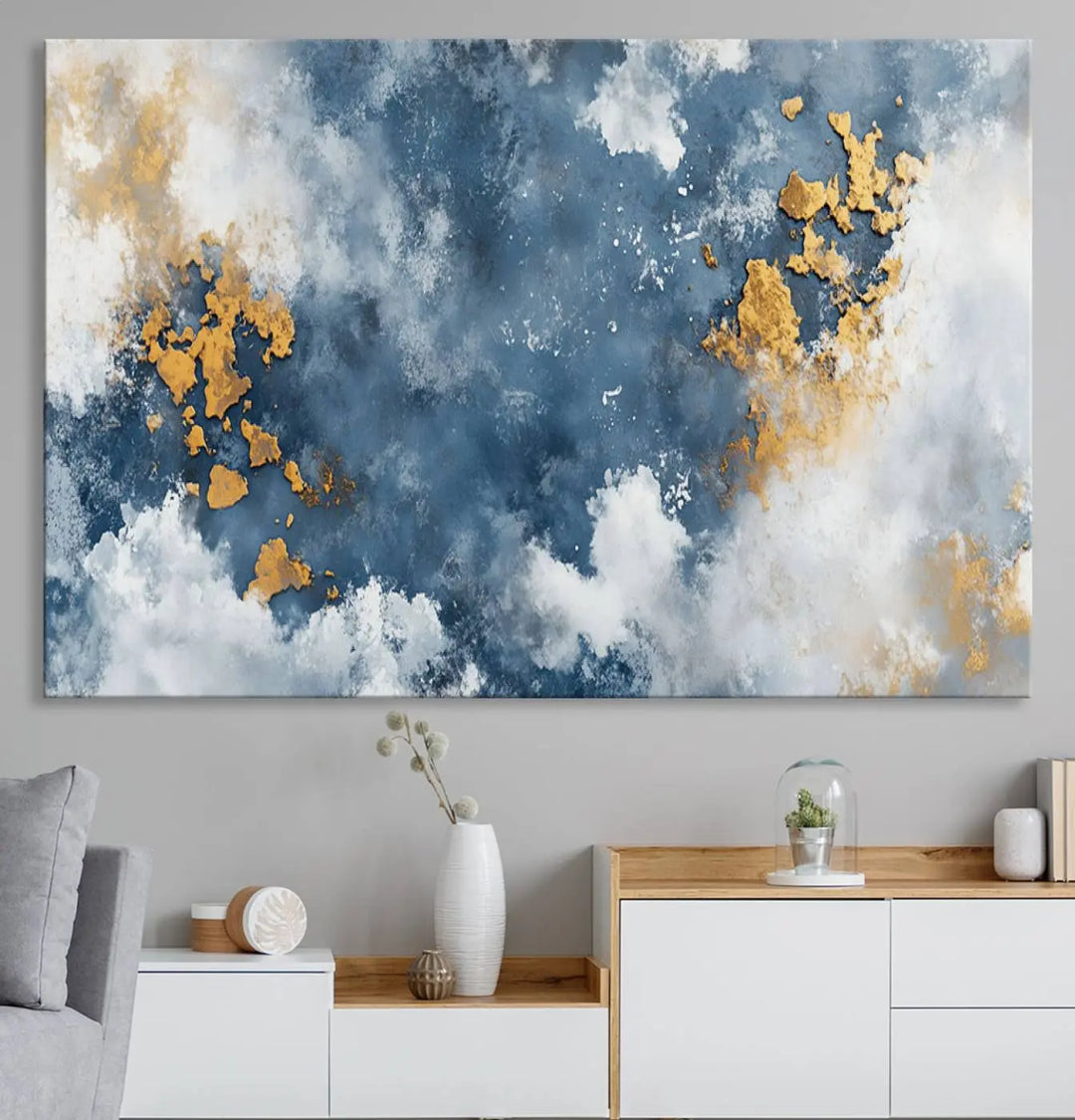 Abstract Blue and Gold Cloud Canvas Wall Art Print - Framed Modern Painting - Elegant Minimalist Artwork for Home or Office Decor