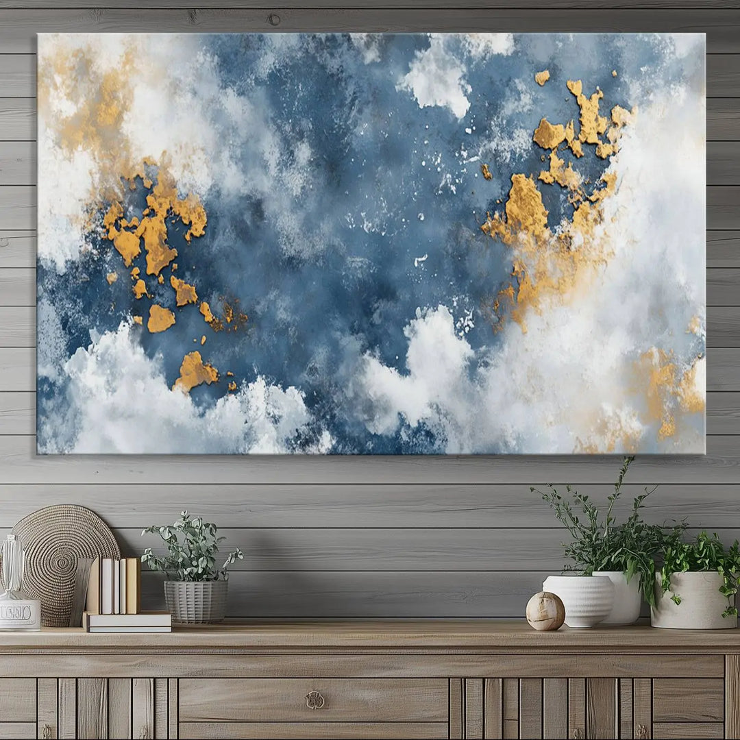 Abstract Blue and Gold Cloud Canvas Wall Art Print - Framed Modern Painting - Elegant Minimalist Artwork for Home or Office Decor