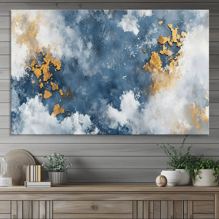 Abstract Blue and Gold Cloud Canvas Wall Art Print - Framed Modern Painting - Elegant Minimalist Artwork for Home or Office Decor