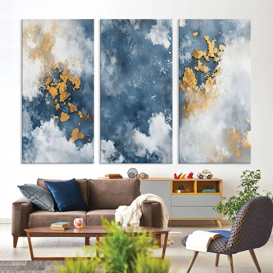Abstract Blue and Gold Cloud Canvas Wall Art Print - Framed Modern Painting - Elegant Minimalist Artwork for Home or Office Decor