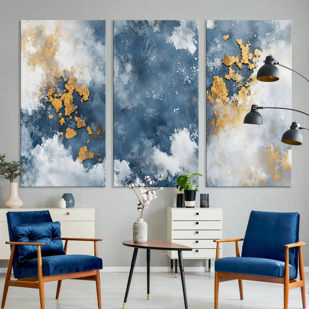 Abstract Blue and Gold Cloud Canvas Wall Art Print - Framed Modern Painting - Elegant Minimalist Artwork for Home or Office Decor