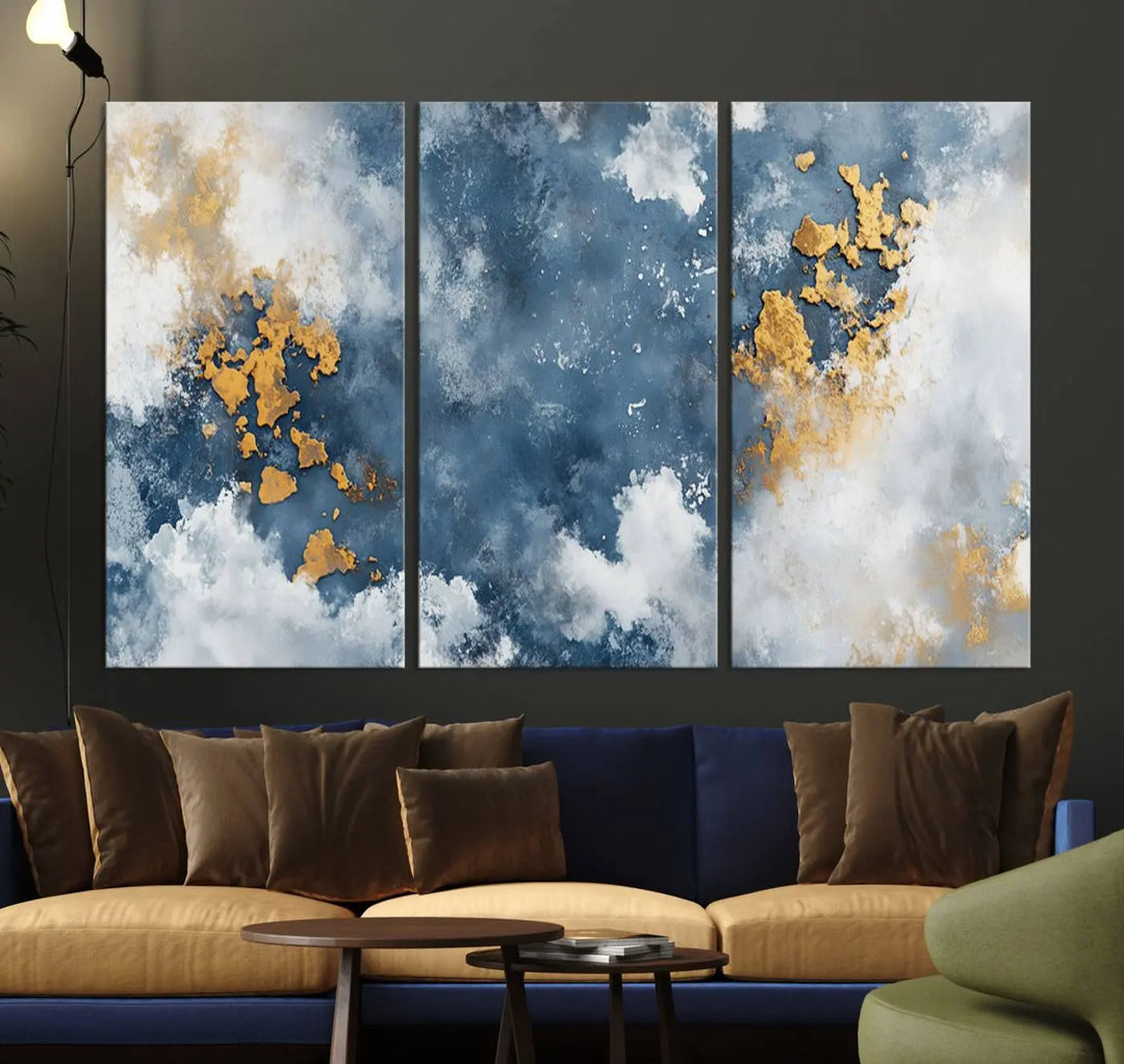 Abstract Blue and Gold Cloud Canvas Wall Art Print - Framed Modern Painting - Elegant Minimalist Artwork for Home or Office Decor