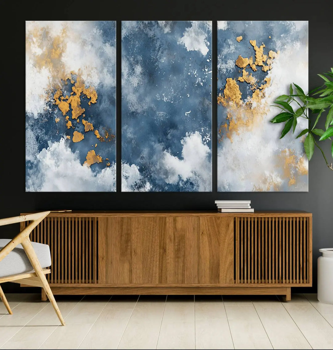 Abstract Blue and Gold Cloud Canvas Wall Art Print - Framed Modern Painting - Elegant Minimalist Artwork for Home or Office Decor