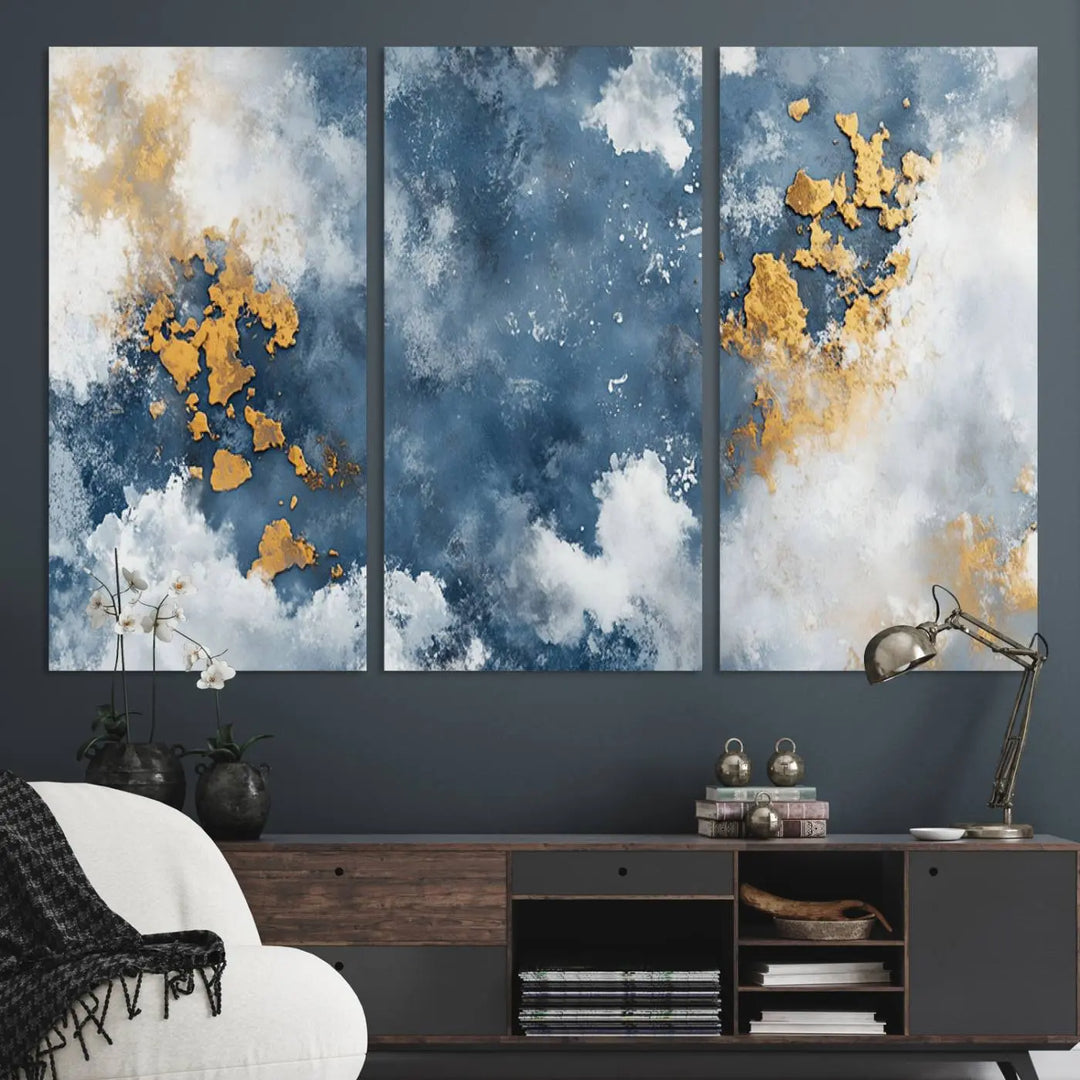 Abstract Blue and Gold Cloud Canvas Wall Art Print - Framed Modern Painting - Elegant Minimalist Artwork for Home or Office Decor
