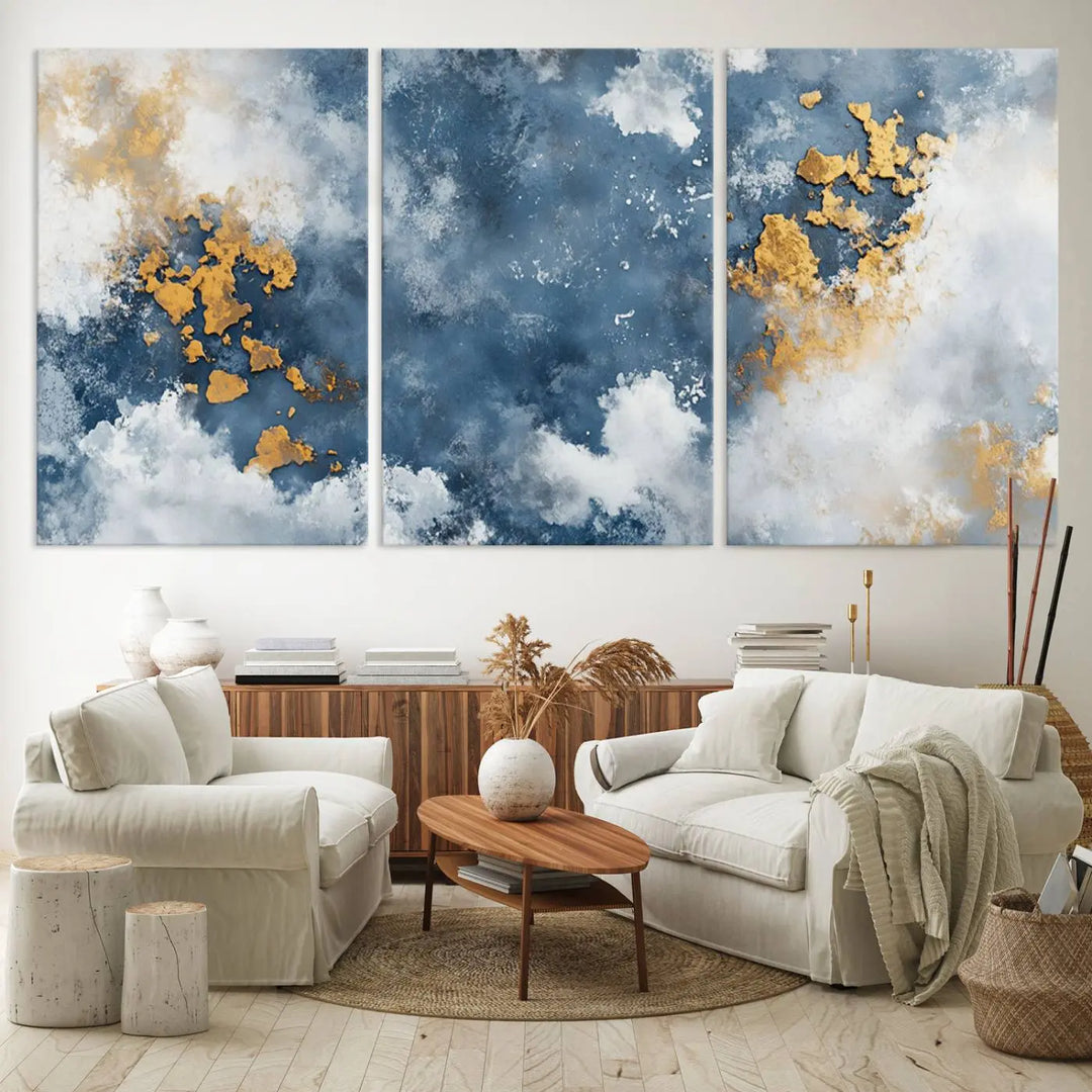 Abstract Blue and Gold Cloud Canvas Wall Art Print - Framed Modern Painting - Elegant Minimalist Artwork for Home or Office Decor