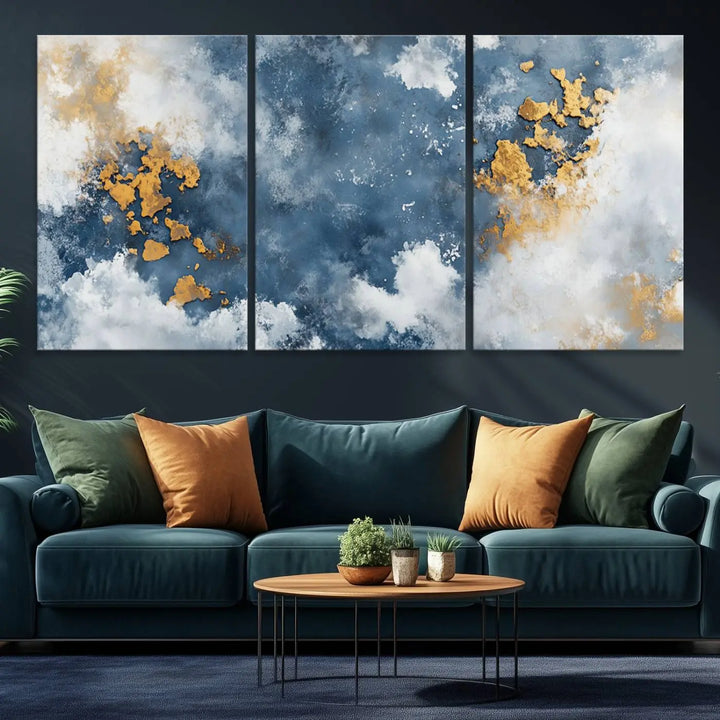 Abstract Blue and Gold Cloud Canvas Wall Art Print - Framed Modern Painting - Elegant Minimalist Artwork for Home or Office Decor