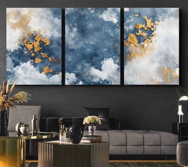 Abstract Blue and Gold Cloud Canvas Wall Art Print - Framed Modern Painting - Elegant Minimalist Artwork for Home or Office Decor