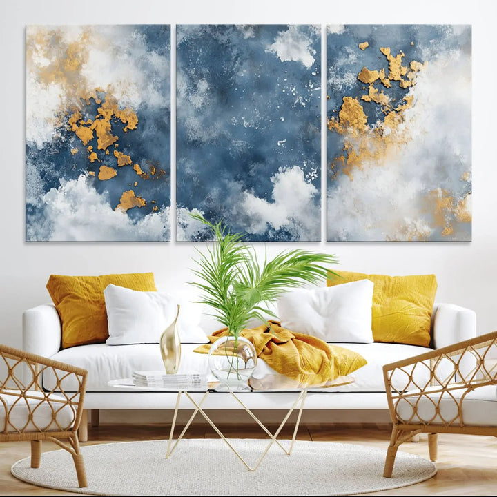 Abstract Blue and Gold Cloud Canvas Wall Art Print - Framed Modern Painting - Elegant Minimalist Artwork for Home or Office Decor