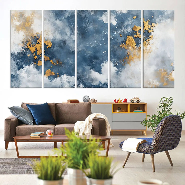 Abstract Blue and Gold Cloud Canvas Wall Art Print - Framed Modern Painting - Elegant Minimalist Artwork for Home or Office Decor