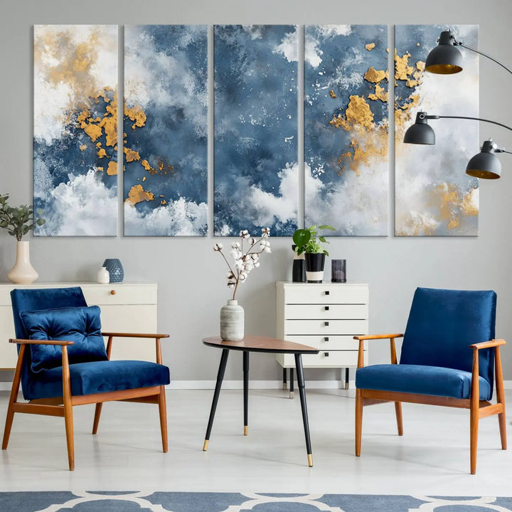 Abstract Blue and Gold Cloud Canvas Wall Art Print - Framed Modern Painting - Elegant Minimalist Artwork for Home or Office Decor