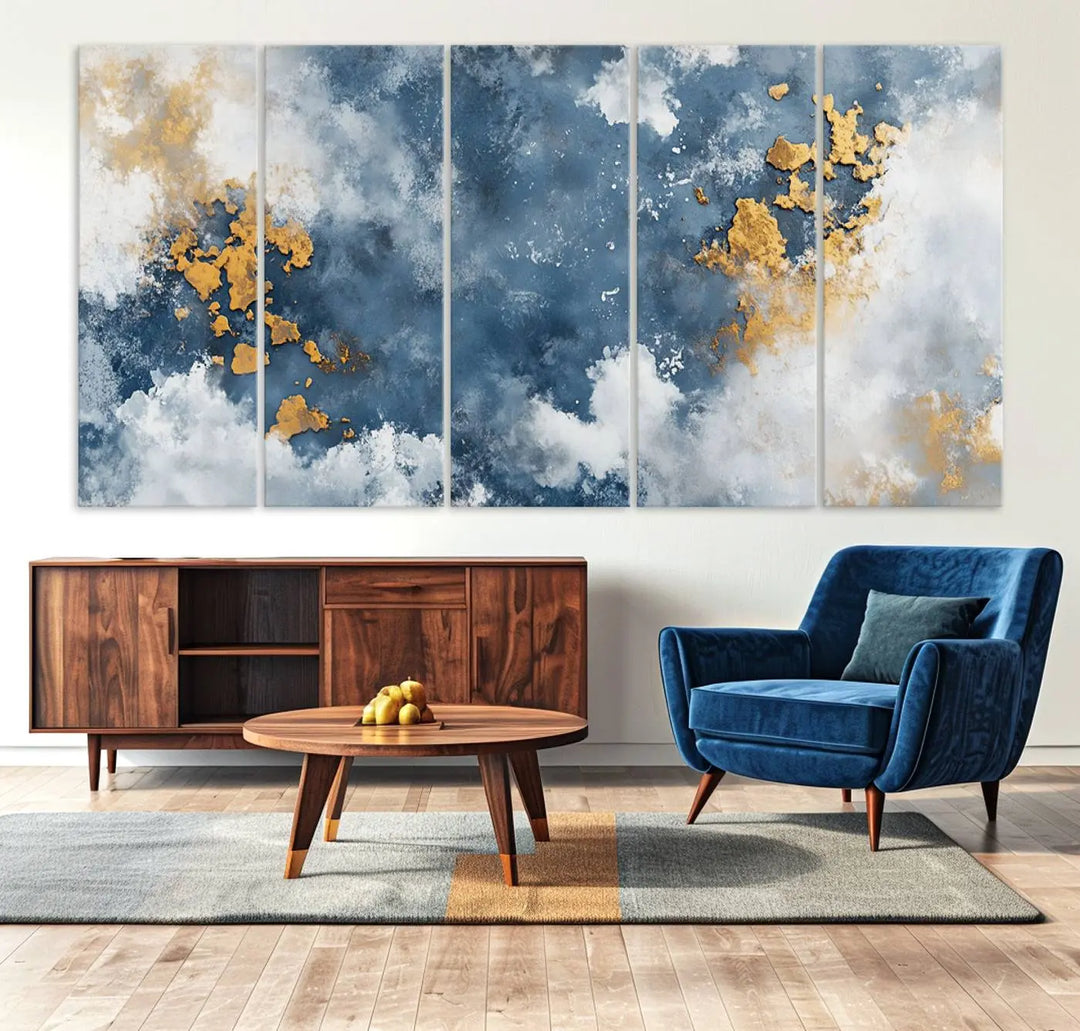 Abstract Blue and Gold Cloud Canvas Wall Art Print - Framed Modern Painting - Elegant Minimalist Artwork for Home or Office Decor