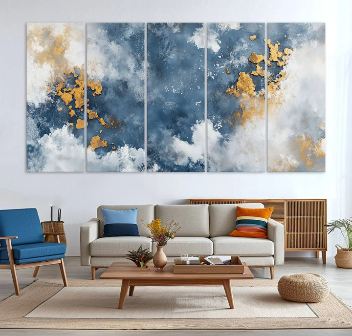 Abstract Blue and Gold Cloud Canvas Wall Art Print - Framed Modern Painting - Elegant Minimalist Artwork for Home or Office Decor