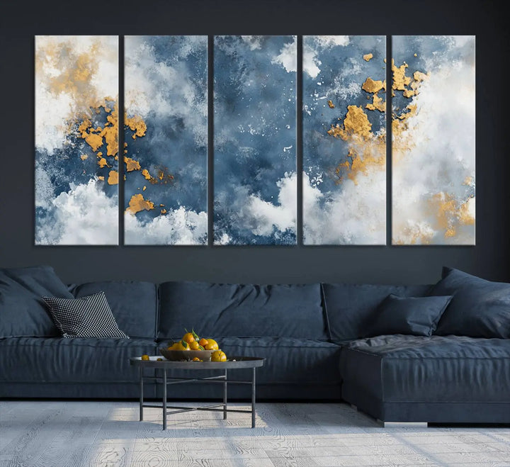 Abstract Blue and Gold Cloud Canvas Wall Art Print - Framed Modern Painting - Elegant Minimalist Artwork for Home or Office Decor