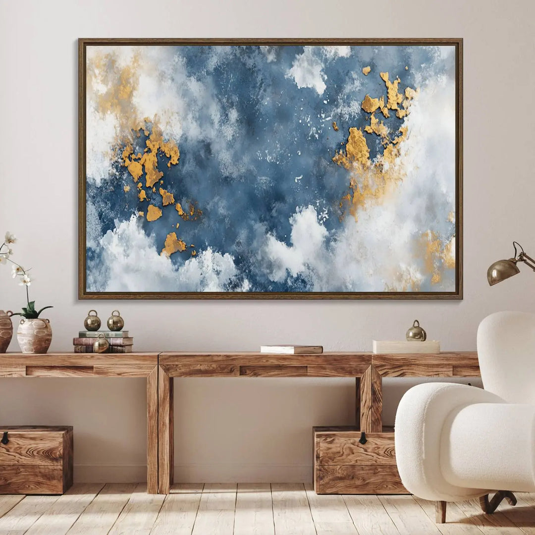 Abstract Blue and Gold Cloud Canvas Wall Art Print - Framed Modern Painting - Elegant Minimalist Artwork for Home or Office Decor