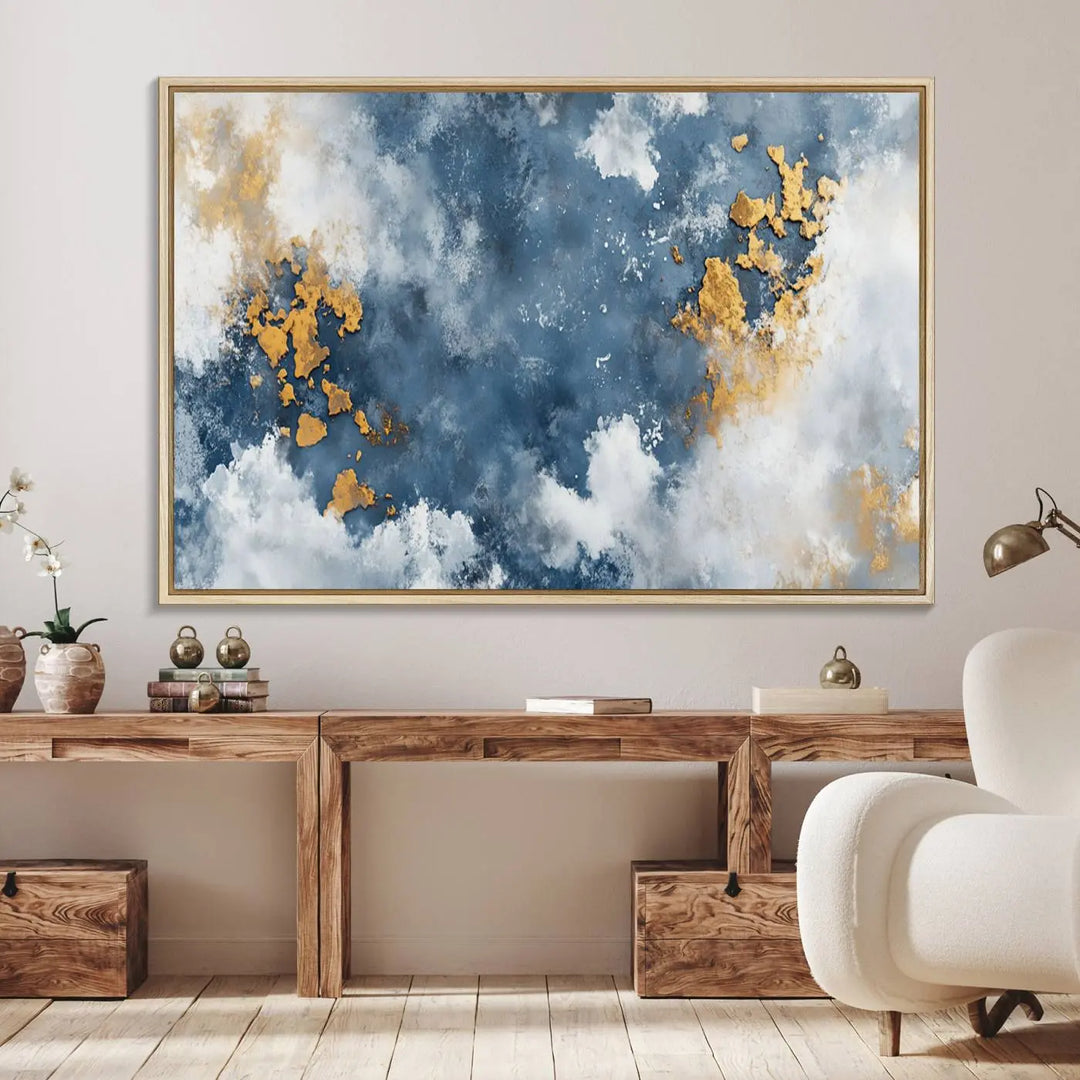 Abstract Blue and Gold Cloud Canvas Wall Art Print - Framed Modern Painting - Elegant Minimalist Artwork for Home or Office Decor