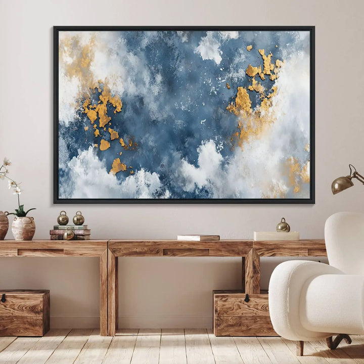 The modern kitchen showcases the Abstract Blue and Gold Cloud Canvas Wall Art.
