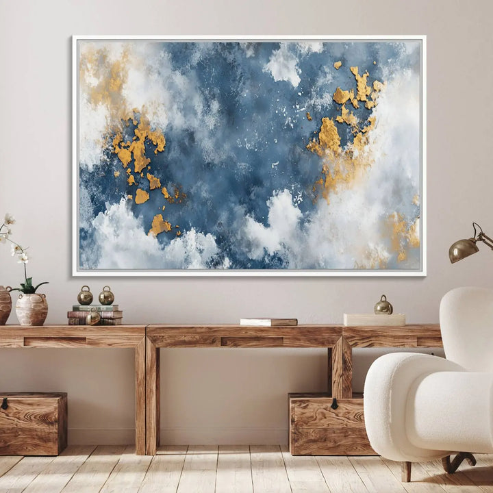 The modern kitchen showcases the Abstract Blue and Gold Cloud Canvas Wall Art.