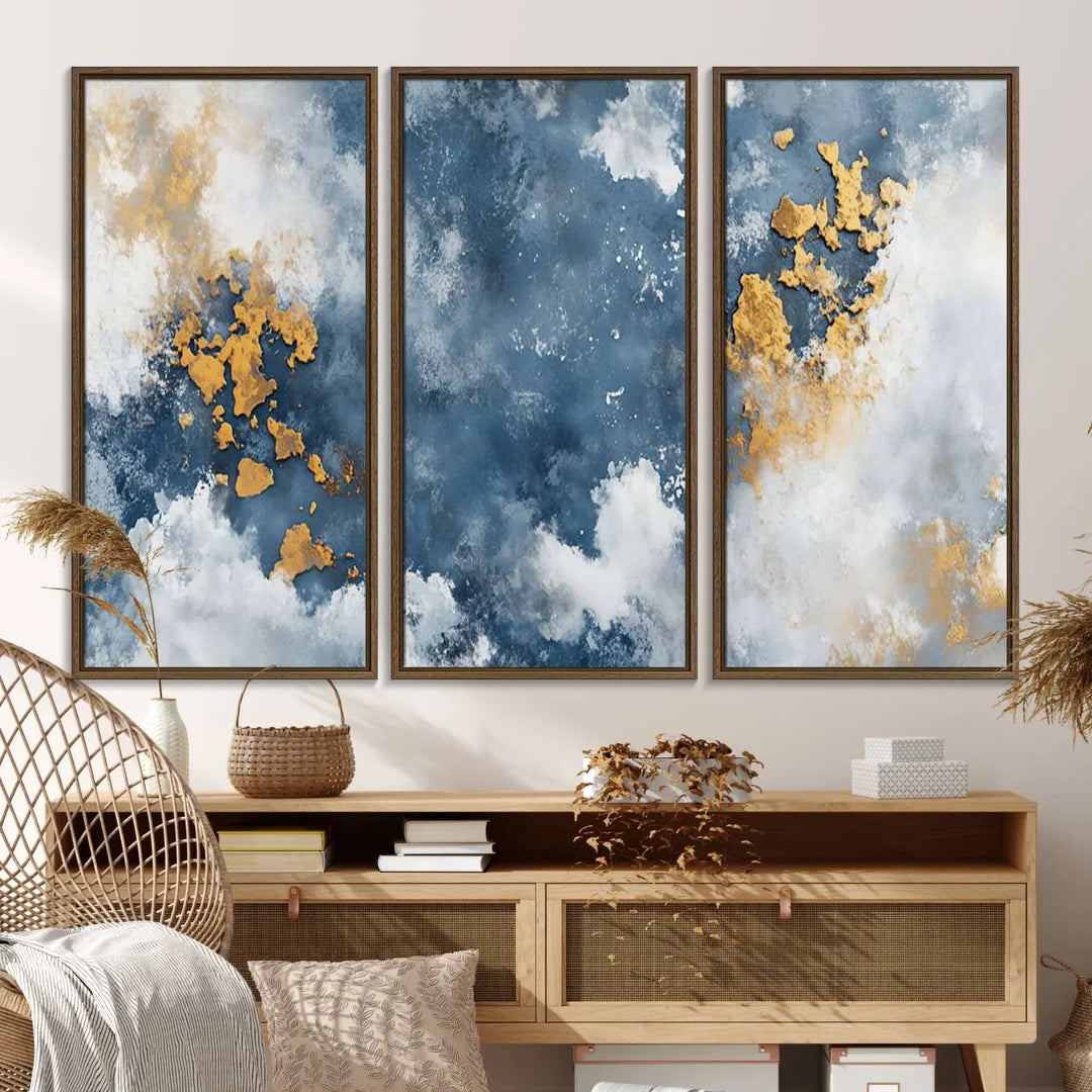 The modern kitchen showcases the Abstract Blue and Gold Cloud Canvas Wall Art.