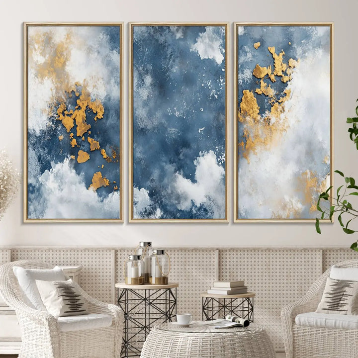 The modern kitchen showcases the Abstract Blue and Gold Cloud Canvas Wall Art.