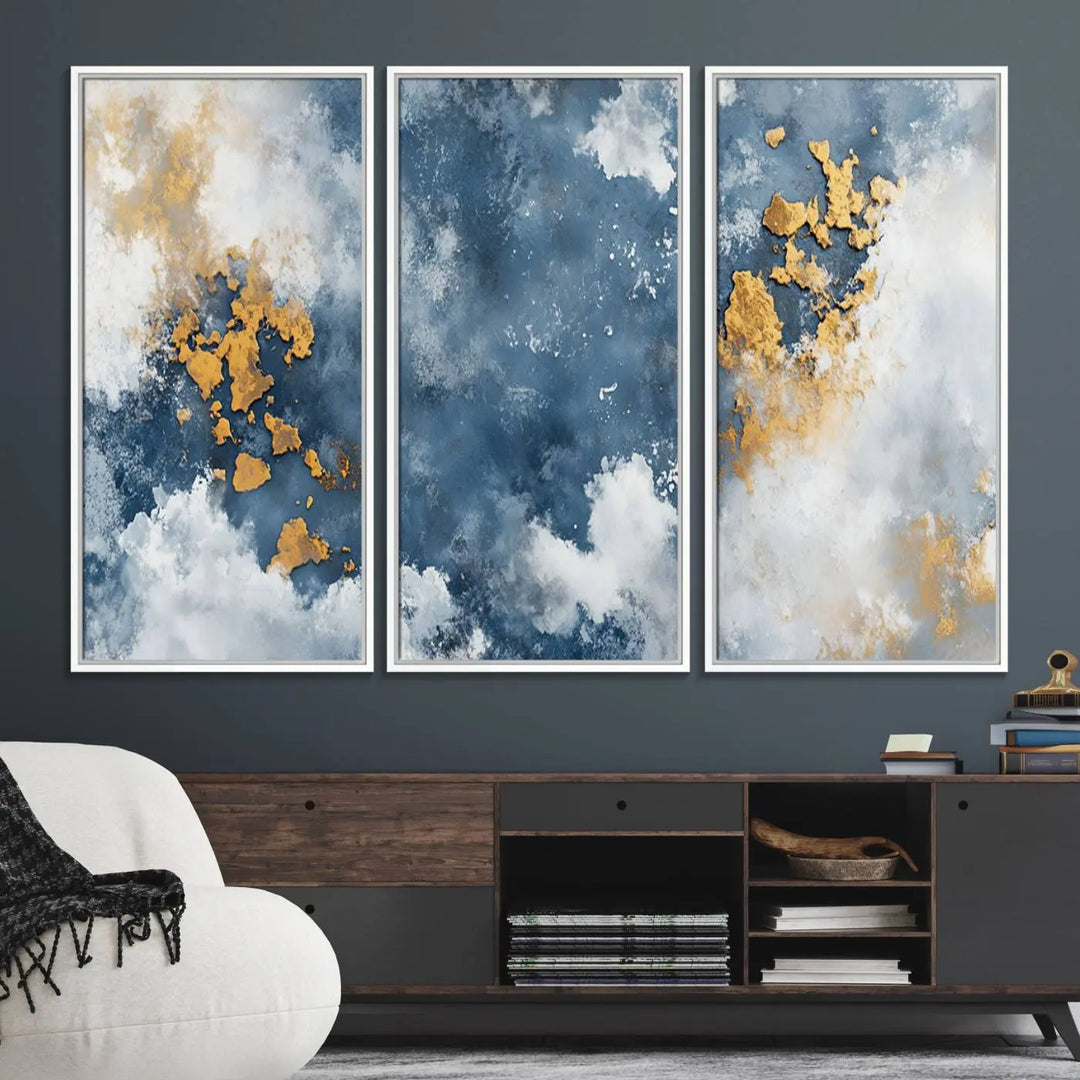 The modern kitchen showcases the Abstract Blue and Gold Cloud Canvas Wall Art.