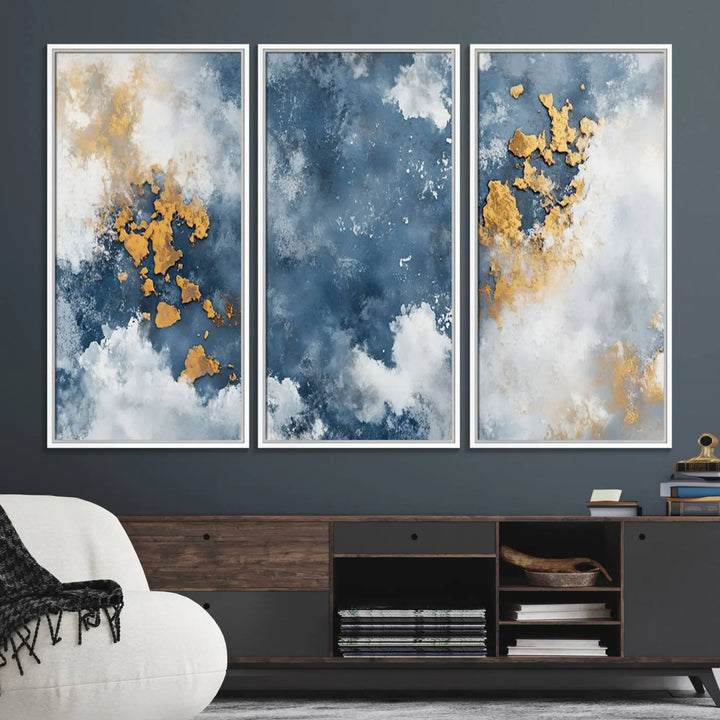 The modern kitchen showcases the Abstract Blue and Gold Cloud Canvas Wall Art.