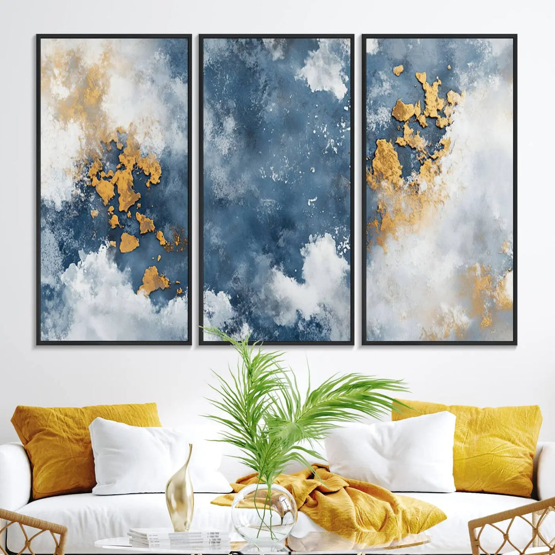 The modern kitchen showcases the Abstract Blue and Gold Cloud Canvas Wall Art.