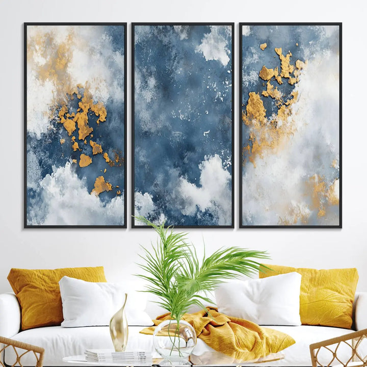 The modern kitchen showcases the Abstract Blue and Gold Cloud Canvas Wall Art.