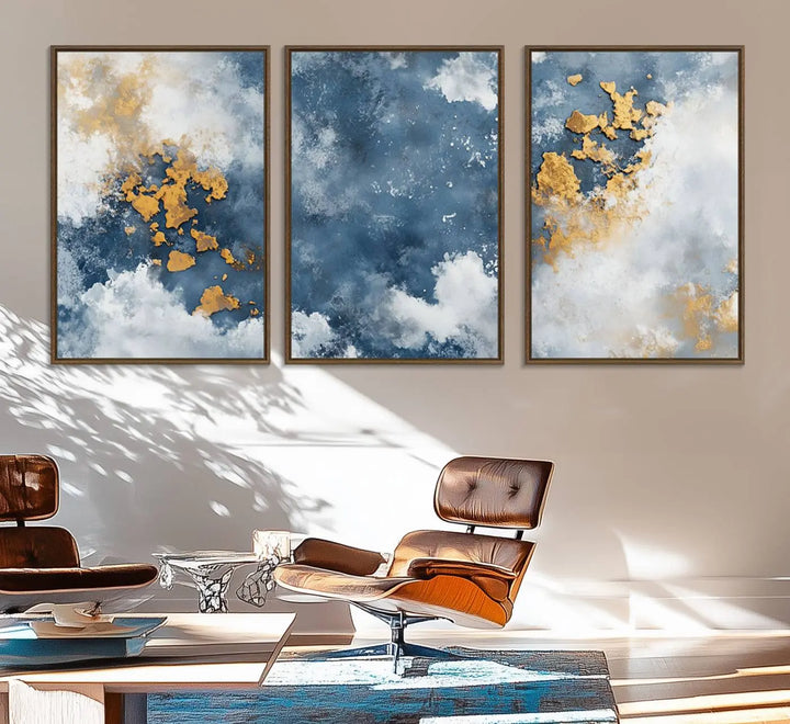 The modern kitchen showcases the Abstract Blue and Gold Cloud Canvas Wall Art.