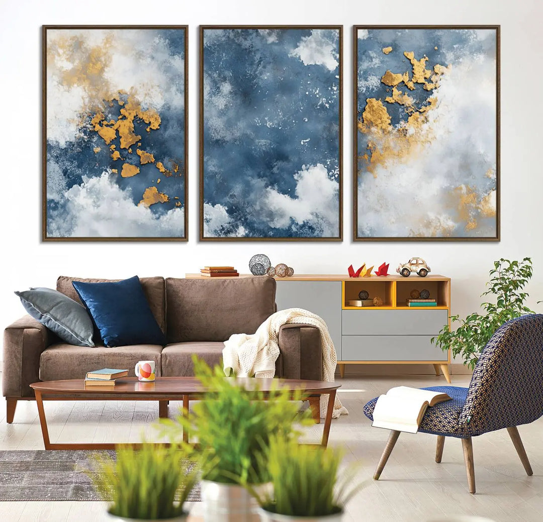 The modern kitchen showcases the Abstract Blue and Gold Cloud Canvas Wall Art.
