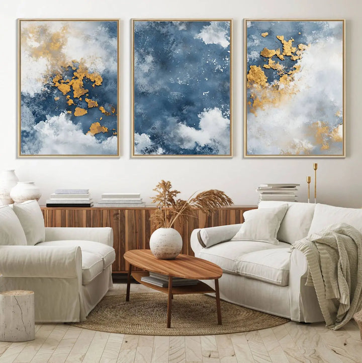 The modern kitchen showcases the Abstract Blue and Gold Cloud Canvas Wall Art.
