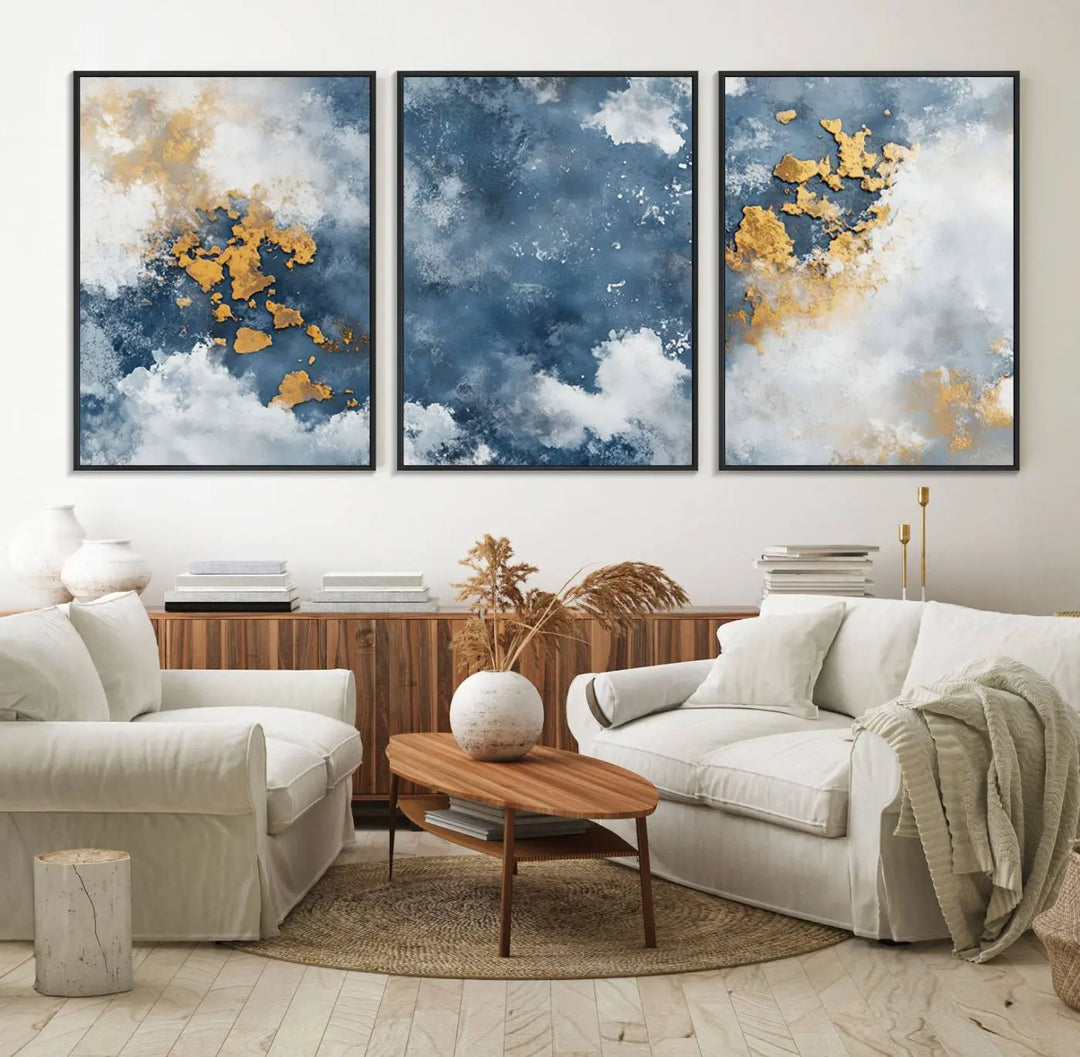 The modern kitchen showcases the Abstract Blue and Gold Cloud Canvas Wall Art.