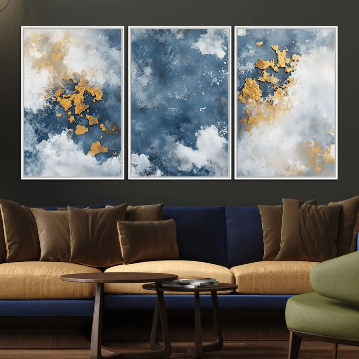 The modern kitchen showcases the Abstract Blue and Gold Cloud Canvas Wall Art.
