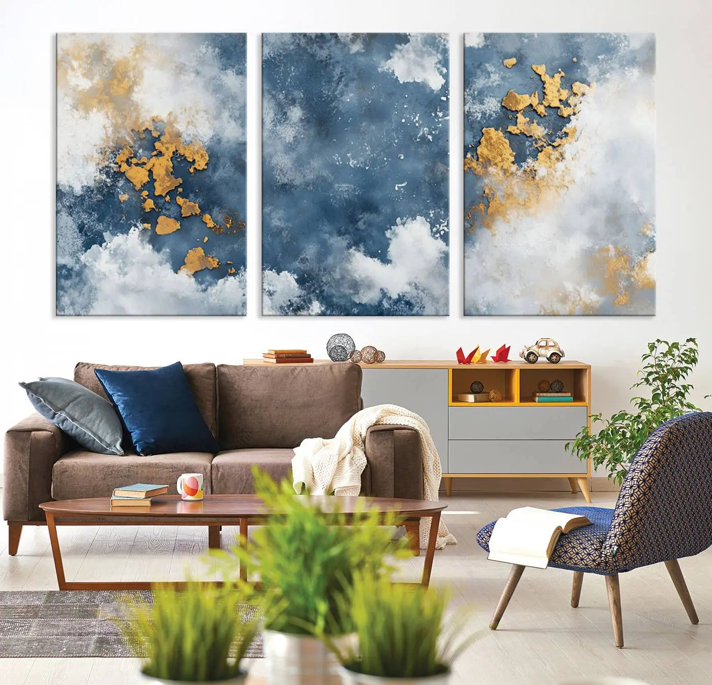 39575-MGV-CV-36X24-Abstract Blue Gold Cloud Wall Art Canvas Print – Framed Modern Elegant Minimalist Artwork for Home, Office Decor