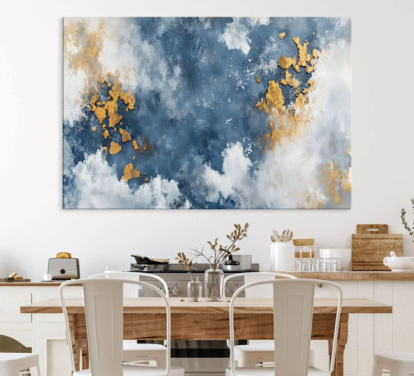 39575-MGV-CV-36X24-Abstract Blue Gold Cloud Wall Art Canvas Print – Framed Modern Elegant Minimalist Artwork for Home, Office Decor