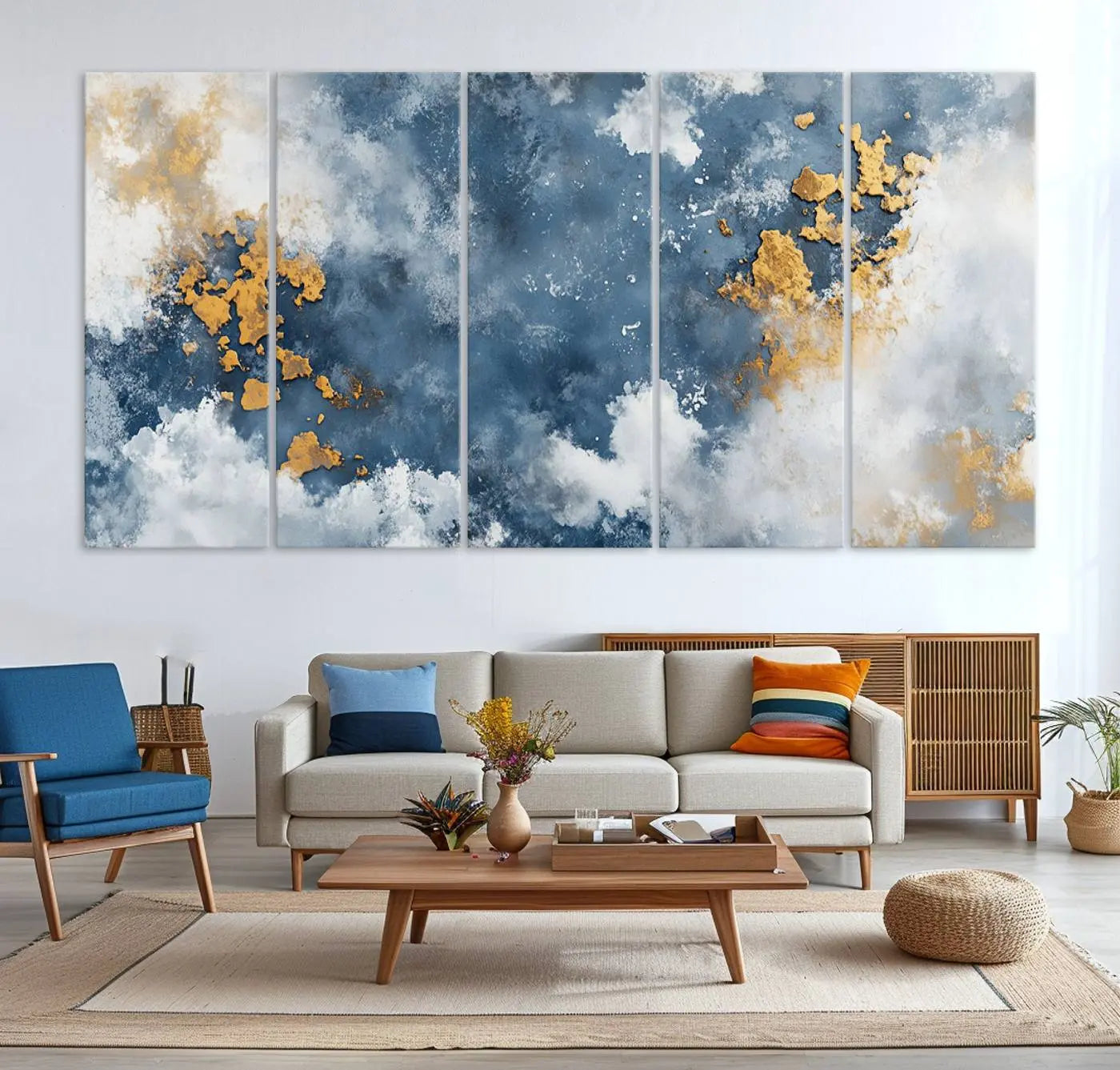 39575-MGV-CV-36X24-Abstract Blue Gold Cloud Wall Art Canvas Print – Framed Modern Elegant Minimalist Artwork for Home, Office Decor