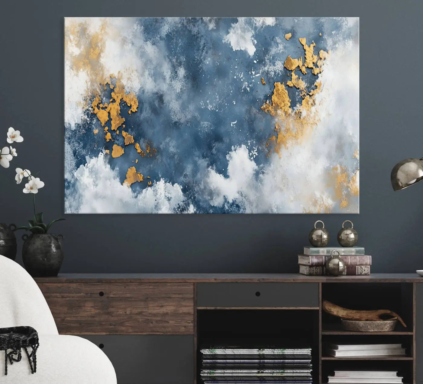 39575-MGV-CV-36X24-Abstract Blue Gold Cloud Wall Art Canvas Print – Framed Modern Elegant Minimalist Artwork for Home, Office Decor