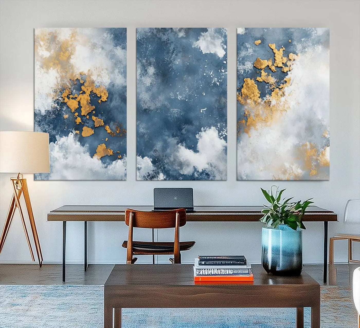39575-MGV-CV-48X32-3P-Abstract Blue Gold Cloud Wall Art Canvas Print – Framed Modern Elegant Minimalist Artwork for Home, Office Decor