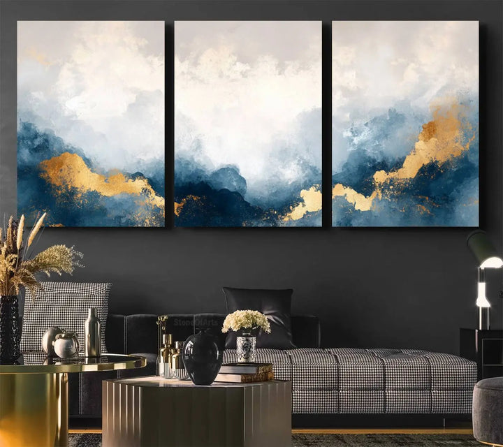 The Abstract Blue and Gold Clouds canvas art enhances the space.