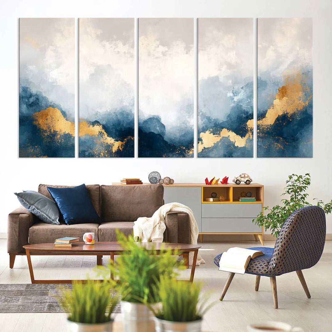 The Abstract Blue and Gold Clouds canvas art enhances the space.