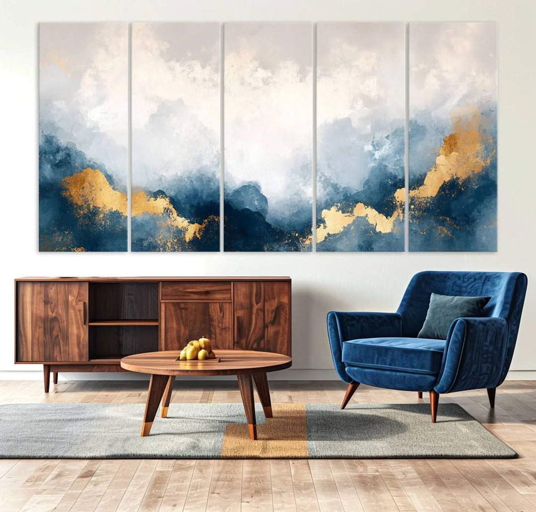 The Abstract Blue and Gold Clouds canvas art enhances the space.