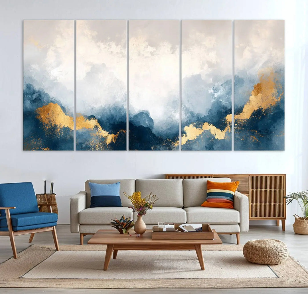 The Abstract Blue and Gold Clouds canvas art enhances the space.