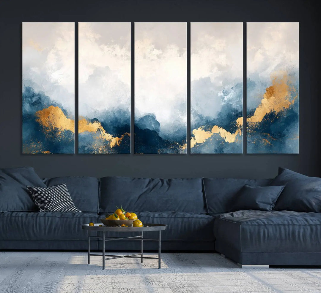 The Abstract Blue and Gold Clouds canvas art enhances the space.