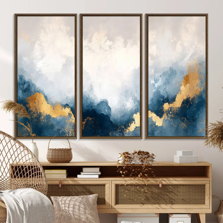 The Abstract Blue and Gold Clouds canvas art enhances the space.