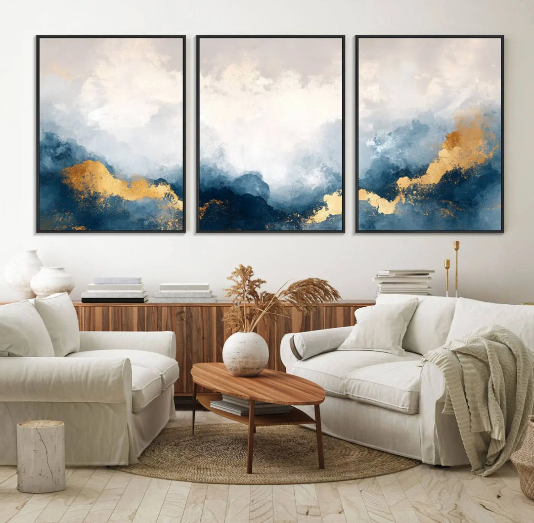 The Abstract Blue and Gold Clouds canvas art enhances the space.