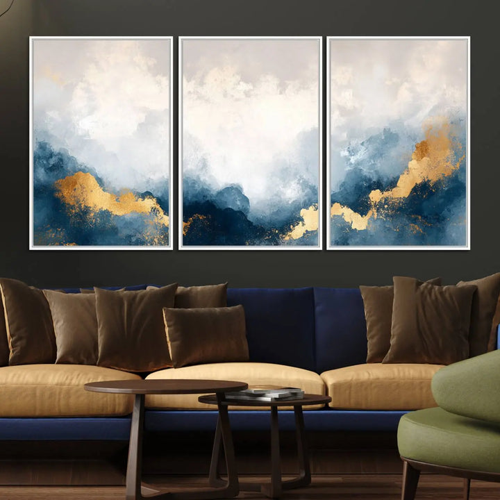 The Abstract Blue and Gold Clouds canvas art enhances the space.