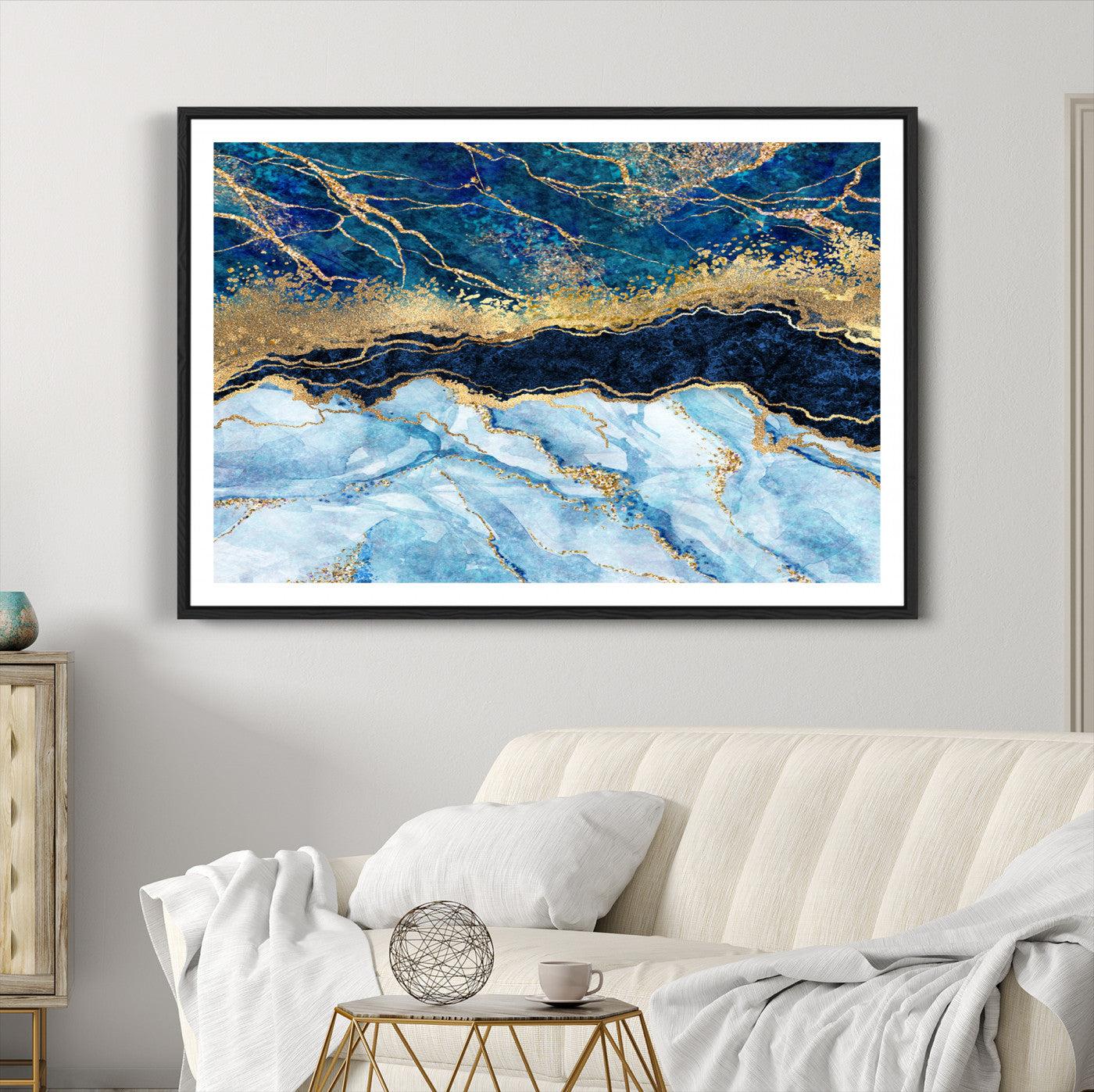 52988-MGC-FP-36x24_Black-Abstract Blue and Gold Marble Canvas Print | 3-Panel Art for Living Room | Large Wall Decor